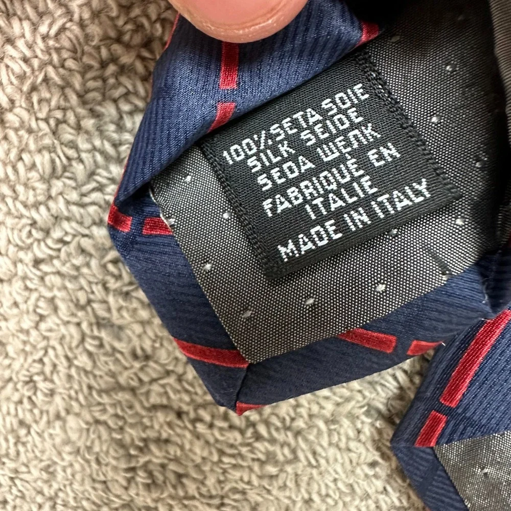 Gianfranco Ferre Mens Silk Tie Navy Blue Red Geometric Dash Made in Italy